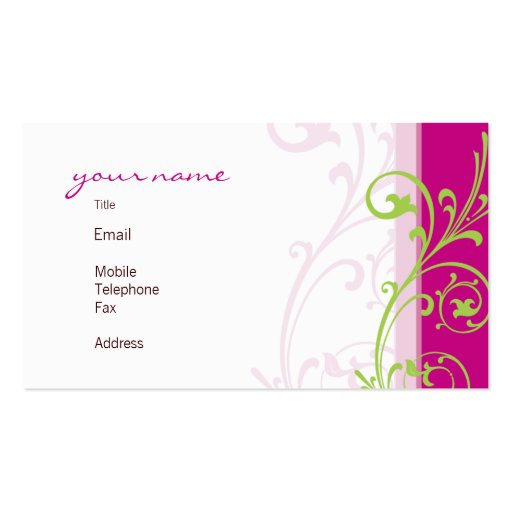 BUSINESS CARD fabulous elegant flourish pink lime (back side)