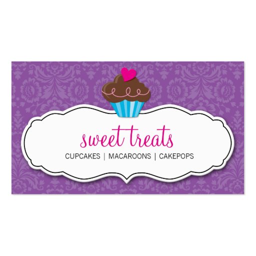 BUSINESS CARD pretty damask cupcake purple pink (front side)