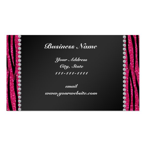 Business name hot pink glitter zebra stripes business card templates (back side)