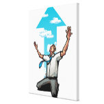 Businessman kneeling, arrow sign in the background stretched canvas prints
