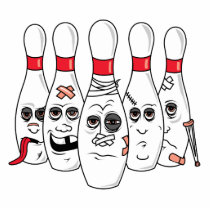 busted up injured bowling pins cartoon photo sculpture