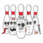 busted up injured bowling pins cartoon photo sculpture