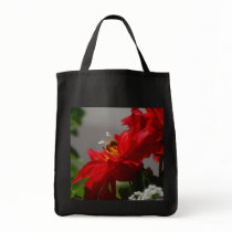 Busy Bee on Red Dahlia Tote Bag by dlgray Busy Bee on Red Dahlia Tote Bag