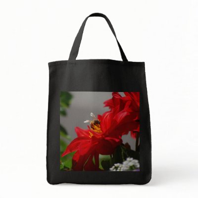 Busy Bee on Red Dahlia Tote Bag by dlgray