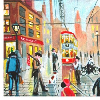 busy street scene nostalgic original oil painting wrappedcanvas