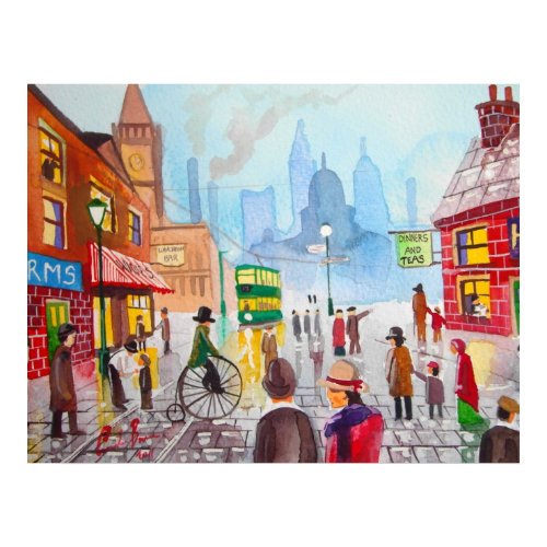 Busy street scene penny farthing tram Gordon Bruce print