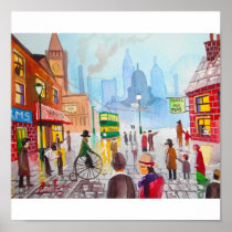 Busy street scene penny farthing tram Gordon Bruce posters