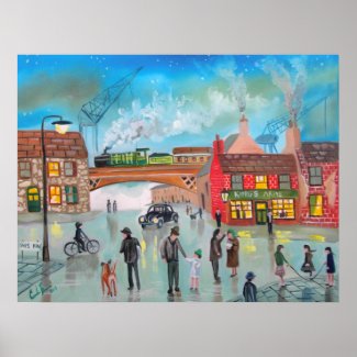 Busy street scene train Gordon Bruce art print