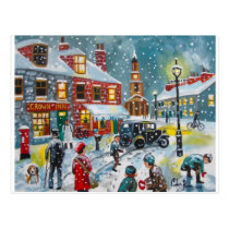 Busy street scene winter snow  Gordon Bruce art postcards