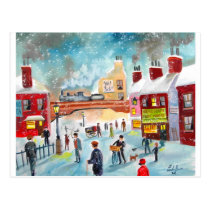 Busy street scene winter train oil painting art postcards