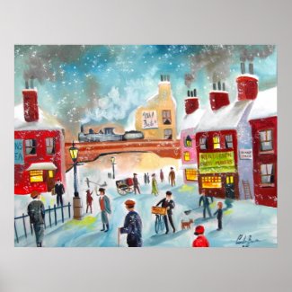 Busy street scene winter train oil painting art print