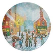 Busy village snow street scene plates