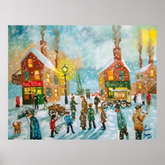 Busy village snow street scene print