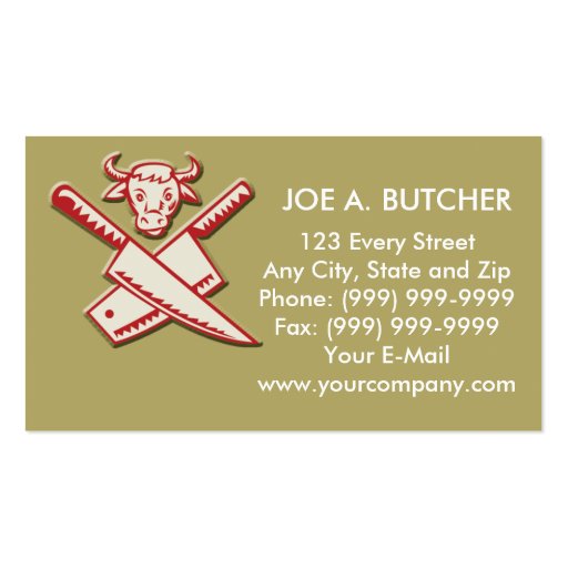 Butcher's knife with cow head business cards (front side)