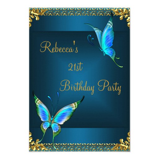 Butterflies 21st Birthday Party Blue Teal Announcements (front side)
