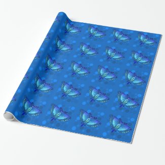 Butterflies Blue Cyan Wrapping Paper on Dots