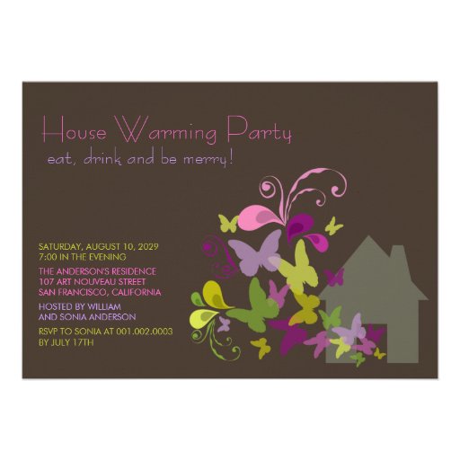 Butterflies & Deco Leaves House Warming Party Invite (front side)