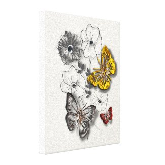 Butterflies Flowers Red Gold Grey Minimalist Style Stretched Canvas Print