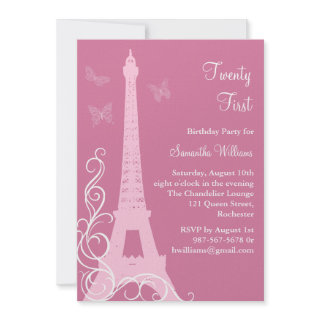Butterflies in Paris 21st Birthday Invite pink