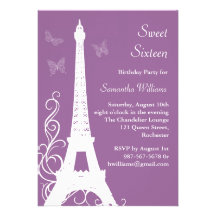 Butterflies in Paris Birthday Invite purple