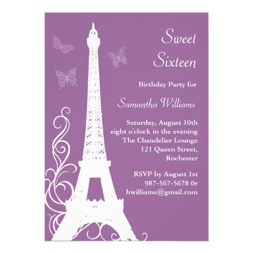Butterflies in Paris Birthday Invite purple (front side)