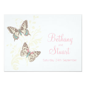 Butterflies pink white cream wedding invitation