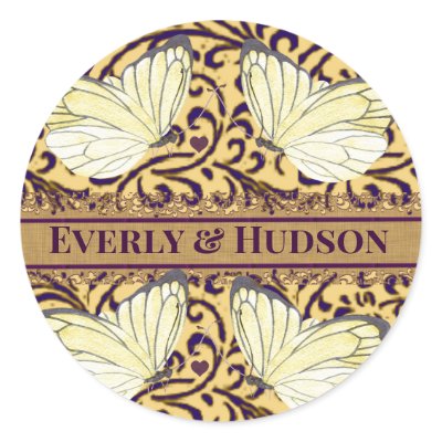 Butterflies Swirl Purple and Orange Round Stickers by samack