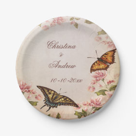Butterflies & Vintage Almond Blossom Engagement 7 Inch Paper Plate