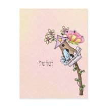 Butterfly and bird meeting at the birdhouse post cards