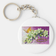 BUTTERFLY AND WHITE BLOSSOMS EASTER GREETINGS KEY CHAIN