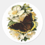 BUTTERFLY AND WHITE FLOWERS ROUND STICKERS