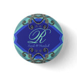 Butterfly Curls Aqua Blue Monogram Button