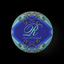 Butterfly Curls Aqua+Blue Monogram Button