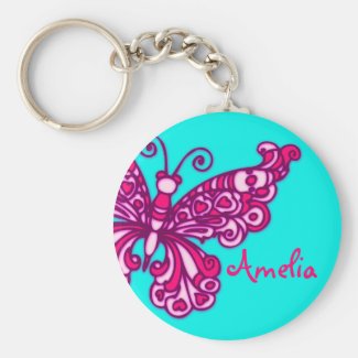 Butterfly girls aqua pink name keychain