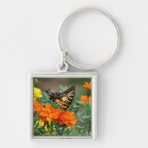 Butterfly on Orange and Yellow Flowers Keychain