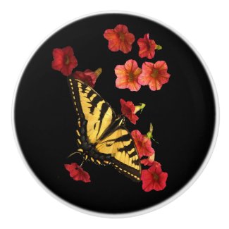 Butterfly on Red Flowers Ceramic Knob