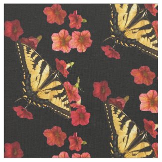 Butterfly on Red Flowers Fabric