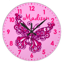 Butterfly pink girls room name wall clock at Zazzle