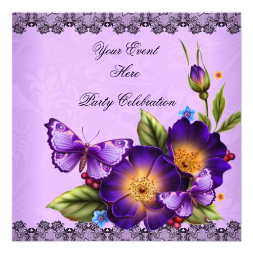 Butterfly Purple Black Lace Flower Damask Party Invitations
