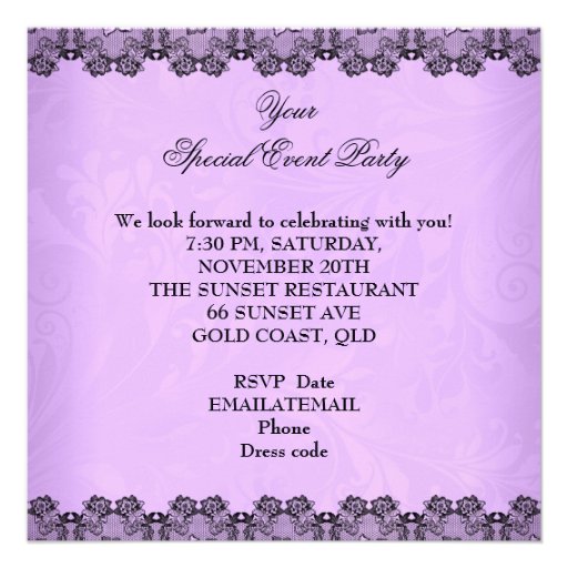 Butterfly Purple Black Lace Flower Damask Party Invitations