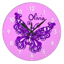 Butterfly purple girls room name wall clock at Zazzle