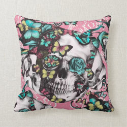 Butterfly rose skull on pink lace. throw pillows