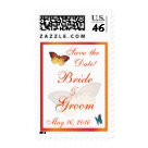 postcard - Beautiful eye-catching Save the Date stamp for all your wedding announcements! It features a gradient frame with butterflies framing your information while a watermarked butterfly is under it all. Perfect for that spring of summer wedding. Customize with the names of the Bride and Groom and your wedding date for that perfect finishing touch to your invitations!