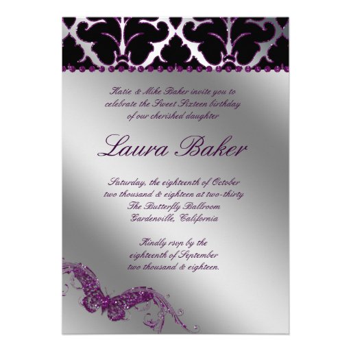 Butterfly Sweet 16 Invite Damask Purple Sparkle