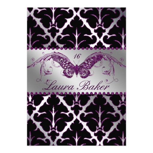 Butterfly Sweet 16 Invite Damask Purple Sparkle