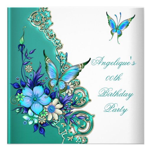 Butterfly Teal Blue Floral Gold White Party Custom Invites
