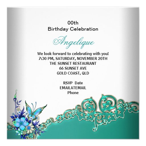 Butterfly Teal Blue Floral Gold White Party Custom Invites