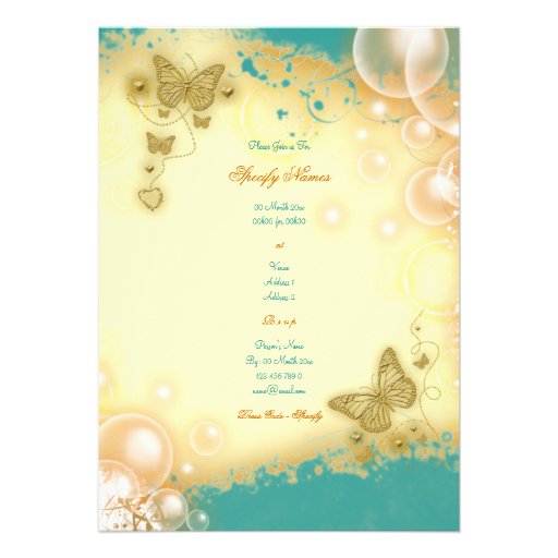 Butterfly teal gold wedding engagement invitation
