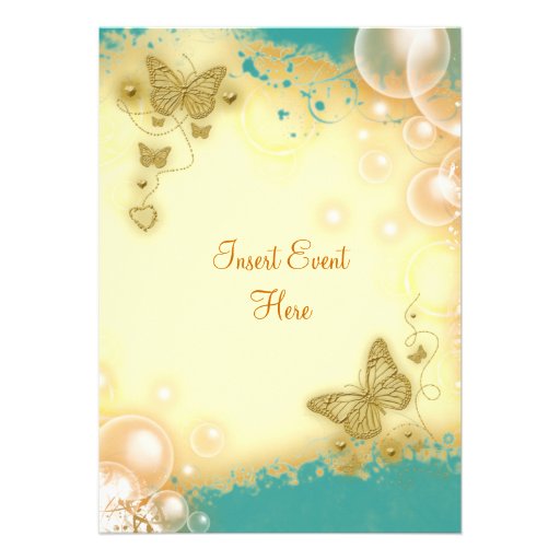 Butterfly teal gold wedding engagement invitation (front side)