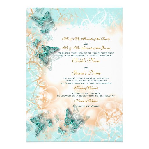Butterfly theme wedding aqua gold custom invites